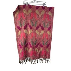 Pashmina Silk Blend Paisley Shawl Scarf Pink Gold Metallic Fringe Wrap 72"×25"